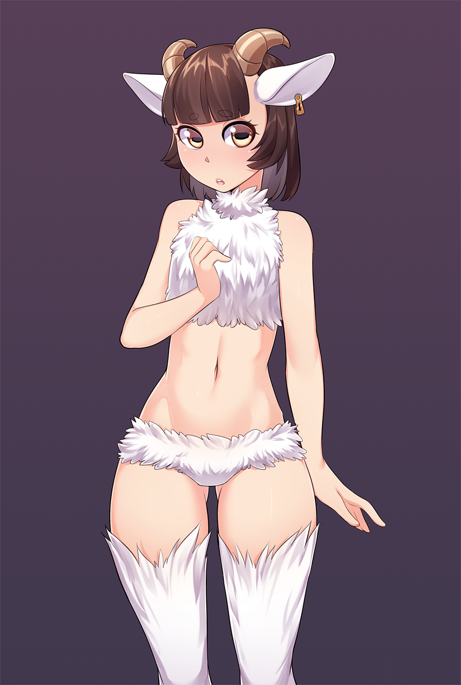 1girl :o animal_ears ass_visible_through_thighs bangs bare_arms bare_shoulders blunt_bangs brown_hair commentary ear_tag english_commentary eyebrows_visible_through_hair fur groin hand_on_own_chest highres horizontal_pupils horns iwbitu-sa looking_at_viewer navel original sheep_ears sheep_girl sheep_horns short_hair simple_background solo stomach upper_teeth white_fur