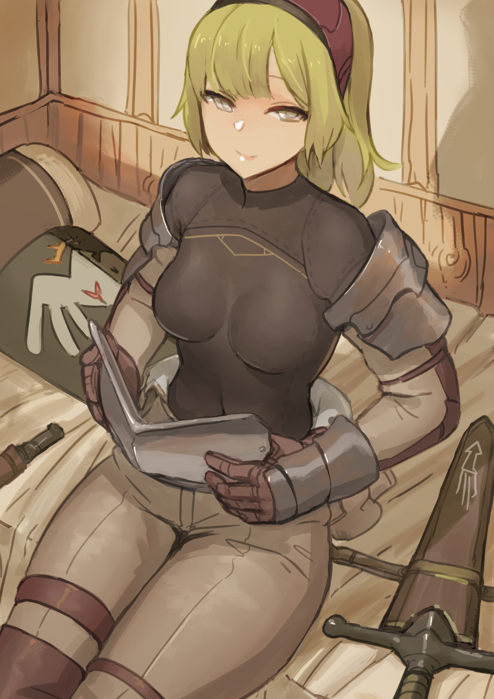 1girl arm_guards armor bangs bed bed_sheet blonde_hair breastplate breasts brown_pants closed_mouth covered_navel grey_eyes hairband highres indoors long_hair looking_at_viewer on_bed original pants pauldrons pillow red_hairband sheath sheathed shield shirt shoulder_armor sitting sitting_on_bed small_breasts smile solo sword taut_clothes taut_shirt thigh_strap undressing vambraces virgosdf weapon