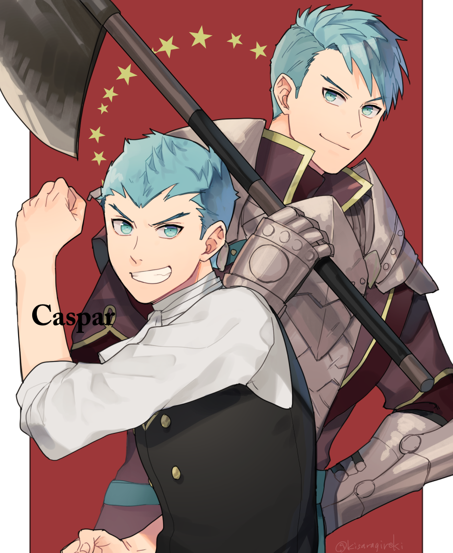 1boy armor artist_name axe blue_eyes blue_hair caspar_von_bergliez character_name fire_emblem fire_emblem:_three_houses garreg_mach_monastery_uniform kisaragireki male_focus solo star teeth upper_body