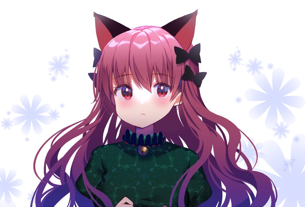 1girl :&lt; alternate_hairstyle animal_ears bangs bell black_bow blush bow cat_ears commentary_request dress eyebrows_visible_through_hair green_dress hair_between_eyes hair_bow hair_down jingle_bell kaenbyou_rin koto_seori long_hair looking_at_viewer puffy_sleeves red_eyes redhead simple_background solo touhou upper_body white_background