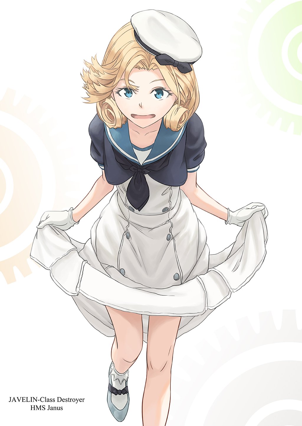 1girl bangs beret blonde_hair blue_eyes blue_sailor_collar character_name curtsey dress english_text eyelashes gloves hat highres janus_(kantai_collection) kantai_collection leg_up open_mouth sailor_collar sailor_dress sailor_hat short_hair short_sleeves skirt_hold solo taruya white_background white_gloves white_headwear