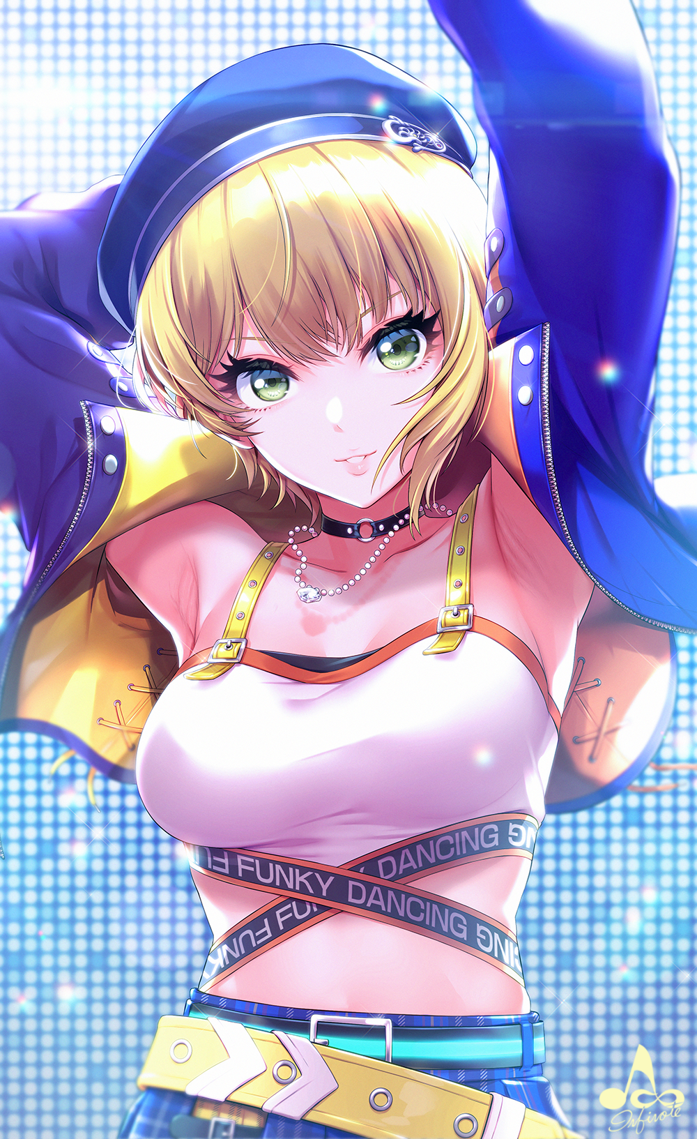 1girl arm_behind_head armpits arms_up artist_name bead_necklace beads belt beret blonde_hair blue_jacket breasts choker collarbone crop_top cropped_jacket eyelashes green_eyes hat highres idolmaster idolmaster_cinderella_girls infinote jacket jewelry medium_breasts midriff miyamoto_frederica musical_note necklace open_clothes open_jacket parted_lips short_hair solo sparkle sparkle_background upper_body