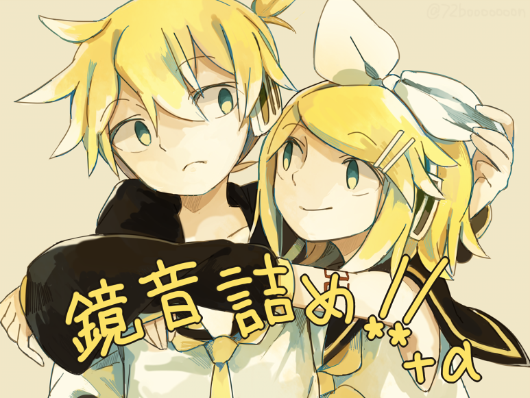 1boy 1girl bangs bare_shoulders black_collar black_sleeves blonde_hair blue_eyes bow closed_mouth collar commentary detached_sleeves expressionless hair_bow hair_ornament hairclip hand_on_another's_head headphones kagamine_len kagamine_rin looking_at_another nattu_bon neckerchief necktie sailor_collar school_uniform shirt short_hair short_ponytail short_sleeves shoulder_tattoo siblings sleeveless sleeveless_shirt smile spiky_hair swept_bangs tattoo twins vocaloid white_bow white_shirt yellow_neckwear