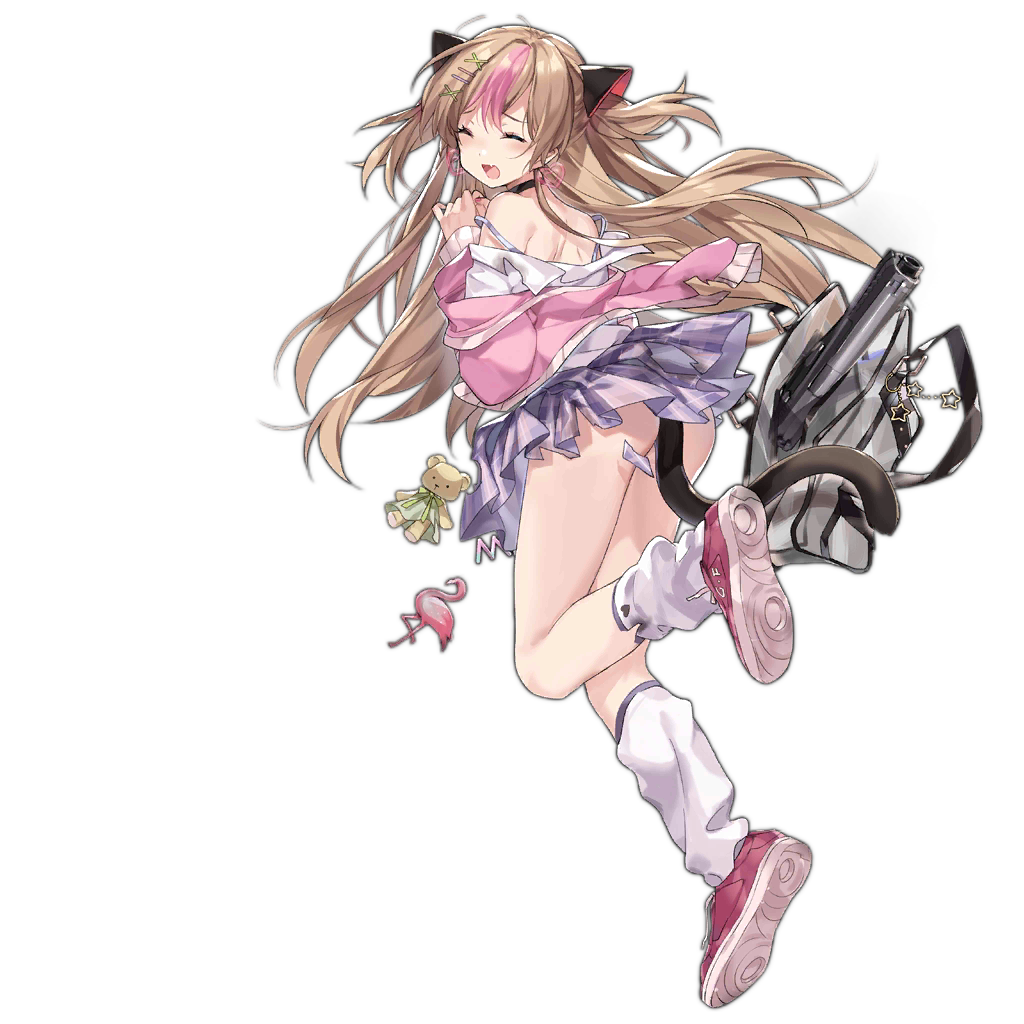 1girl :d alternate_costume animal_ears ass bag bangs black_choker blush bow brown_hair cardigan cat_ears cat_tail choker closed_eyes damaged earrings facing_viewer fang floating_hair full_body girls_frontline gun hair_between_eyes hands_up heart heart_earrings jewelry leg_up leg_warmers long_hair long_sleeves mk23_(girls_frontline) multicolored_hair off_shoulder official_art open_cardigan open_clothes open_mouth oversized_object pink_cardigan pink_footwear pleated_skirt purple_skirt school_bag school_uniform sheska_xue shirt shoes skin_fang skirt smile sneakers solo streaked_hair tail torn_clothes transparent_background two_side_up weapon white_shirt