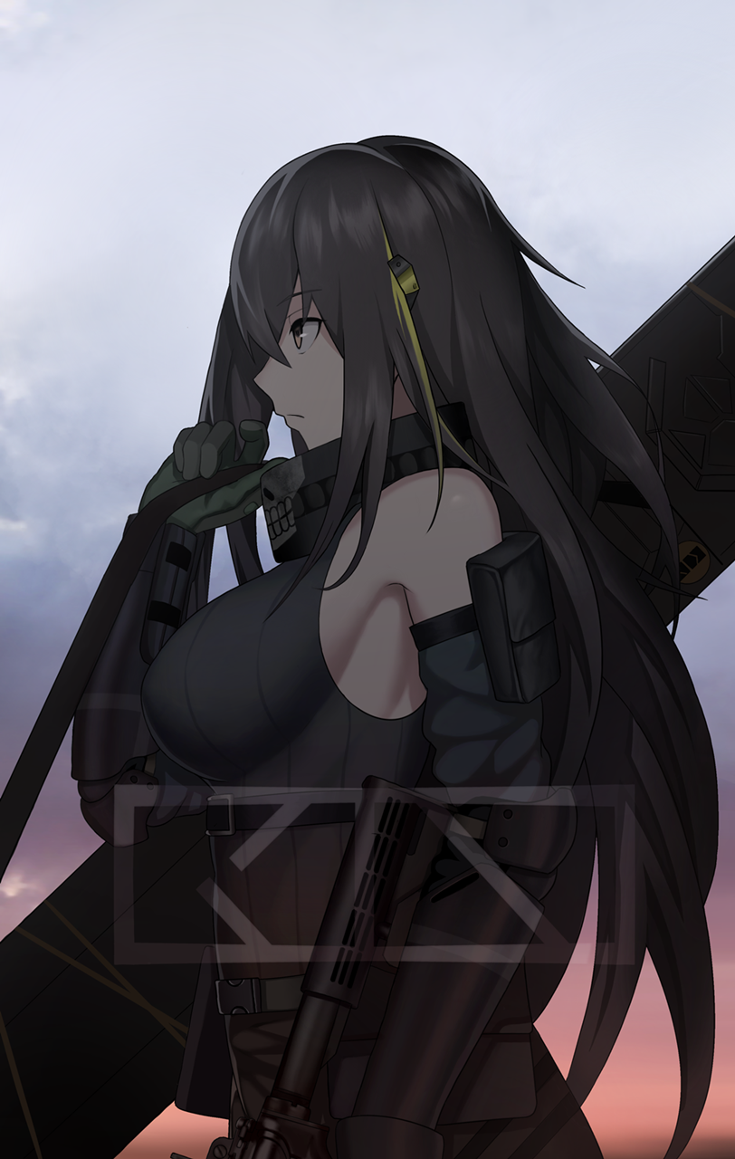 1girl armpits assault_rifle bangs bare_shoulders black_hair breasts brown_eyes cero_(last2stage) closed_mouth detached_sleeves expressionless gauntlets girls_frontline gloves green_gloves gun hand_up highres large_breasts long_hair long_sleeves looking_away m4_carbine m4a1_(girls_frontline) multicolored_hair profile ribbed_sweater rifle solo streaked_hair sweater turtleneck turtleneck_sweater upper_body weapon