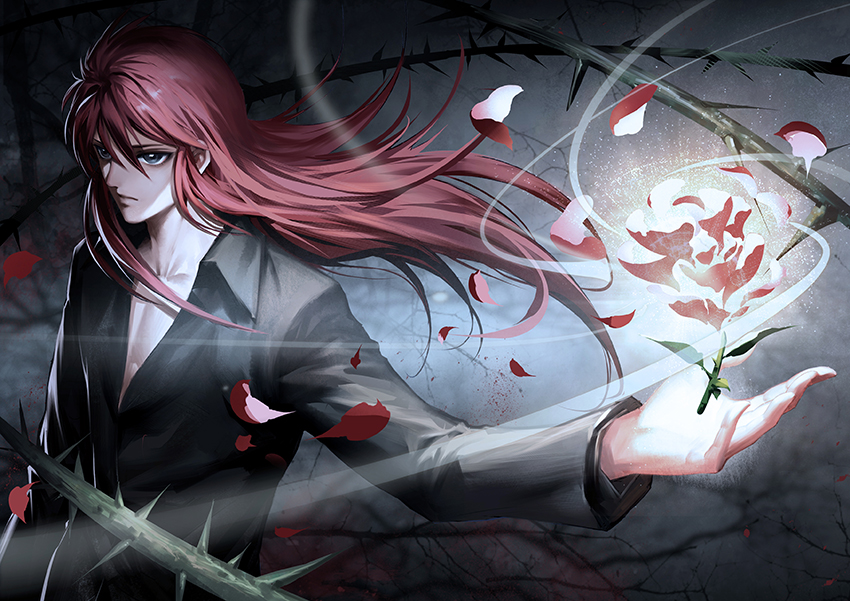 1boy awer black_shirt black_theme collared_shirt commentary flower grey_background kurama long_hair long_sleeves outstretched_arm outstretched_hand petals plant redhead rose shirt solo standing thorns upper_body vines wind yuu_yuu_hakusho