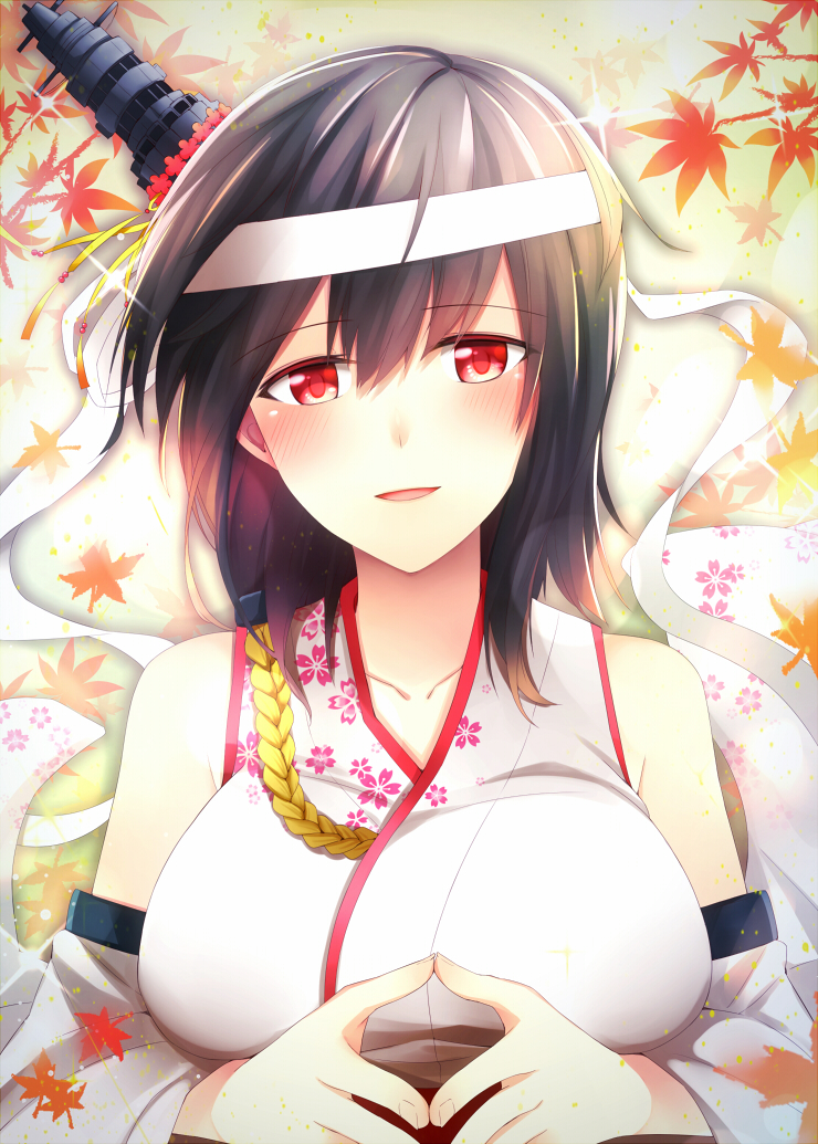 1girl black_hair blush breasts commentary_request detached_sleeves eyebrows_visible_through_hair floral_print hair_ornament hands_together headband japanese_clothes kantai_collection large_breasts looking_at_viewer nontraditional_miko red_eyes remodel_(kantai_collection) revision rui_shi_(rayze_ray) short_hair solo upper_body yamashiro_(kantai_collection)