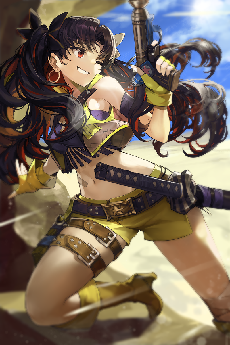 1girl bangs belt black_bow black_hair blue_sky boots bow breasts cropped_vest desert earrings fate/grand_order fate_(series) fingerless_gloves fringe_trim gloves goomrrat grin gun hair_bow highres hoop_earrings ishtar_(fate/grand_order) jewelry katana knee_boots long_hair medium_breasts multicolored_hair one_eye_closed parted_bangs red_eyes redhead shorts sky smile solo space_ishtar_(fate) sunlight sword two-tone_hair two_side_up vest weapon yellow_footwear yellow_gloves yellow_shorts yellow_vest