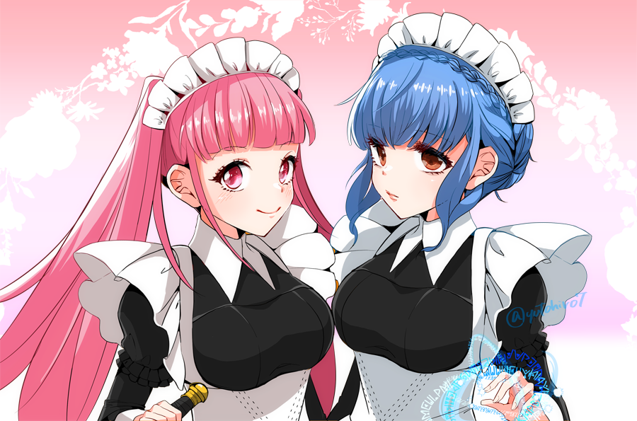 2girls blue_hair braid brown_eyes closed_mouth crown_braid fire_emblem fire_emblem:_three_houses hilda_valentine_goneril long_hair long_sleeves maid maid_headdress marianne_von_edmund multiple_girls pink_eyes pink_hair smile twintails twitter_username upper_body yutohiroya