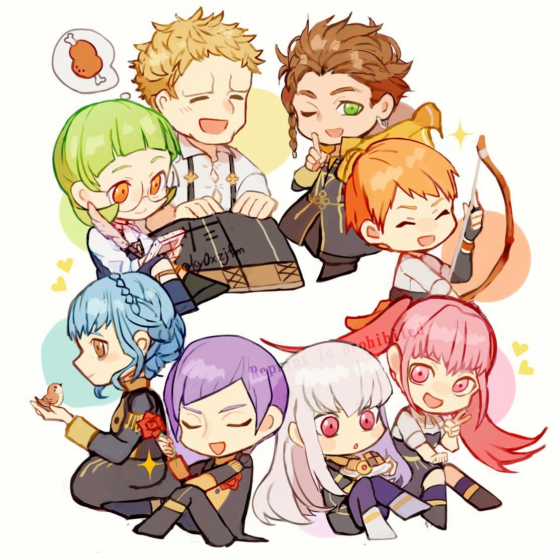 4boys 4girls bird blonde_hair blue_hair book bow_(weapon) braid brown_eyes brown_hair cape chibi claude_von_riegan closed_eyes closed_mouth cookie crown_braid dark_skin dark_skinned_male earrings fire_emblem fire_emblem:_three_houses flower food from_side garreg_mach_monastery_uniform glasses green_eyes green_hair hilda_valentine_goneril holding holding_book holding_bow_(weapon) holding_flower holding_weapon ignatz_victor jewelry ky0xzjfm leonie_pinelli long_hair long_sleeves lorenz_hellman_gloucester lysithea_von_ordelia marianne_von_edmund multiple_boys multiple_girls one_eye_closed open_mouth orange_hair pink_eyes pink_hair purple_hair raphael_kirsten short_hair sitting twintails twitter_username uniform v watermark weapon white_hair yellow_cape