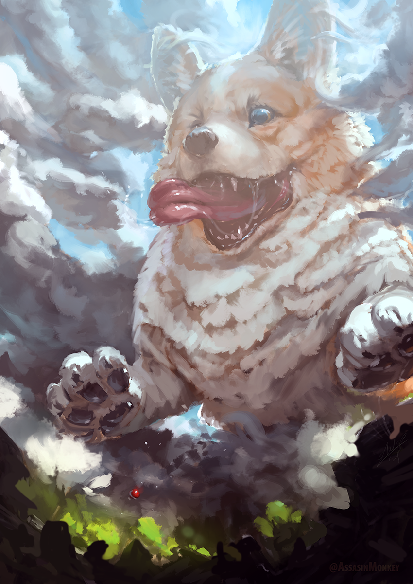 animal assasinmonkey blue_sky clouds cloudy_sky day dog fantasy grass highres jumping mountain no_humans original outdoors oversized_animal river sky solo tongue tongue_out tree water