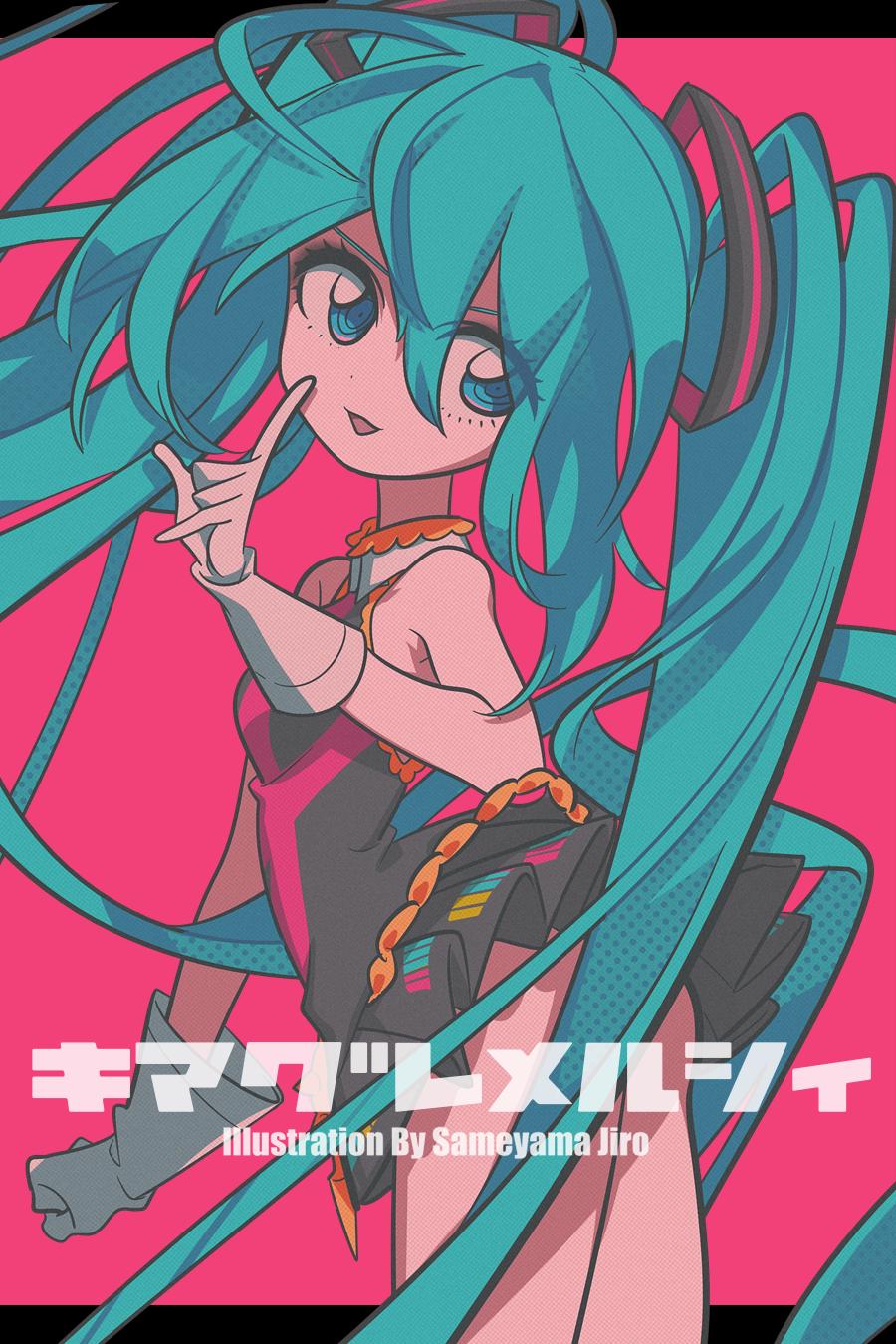1girl arm_at_side artist_name ass bare_arms bare_legs bare_shoulders black_dress blue_eyes blue_hair breasts clenched_hand collared_dress commentary cowboy_shot dress eyelashes eyes_visible_through_hair finger_to_cheek gloves hair_between_eyes hair_censor hatsune_miku head_tilt highres karabako kimagure_mercy_(vocaloid) letterboxed long_hair looking_away outside_border parted_lips pink_background pleated_dress simple_background sleeveless sleeveless_dress small_breasts solo twintails very_long_hair vocaloid white_gloves