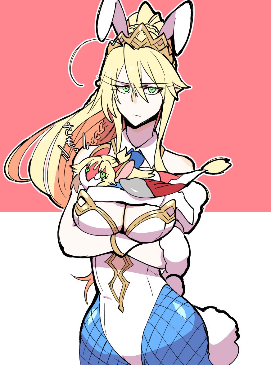 ahoge animal_ears animalization artoria_pendragon_(all) artoria_pendragon_(swimsuit_ruler)_(fate) blonde_hair blue_legwear blue_neckwear braid bunnysuit cowboy_shot detached_collar fate_(series) fishnet_legwear fishnets french_braid hair_ornament hair_scrunchie highleg highleg_leotard leotard mordred_(fate)_(all) mordred_(swimsuit_rider)_(fate) mother_and_daughter navel_cutout rabbit_ears red_scrunchie scrunchie takatsuki_nato white_leotard wrist_cuffs