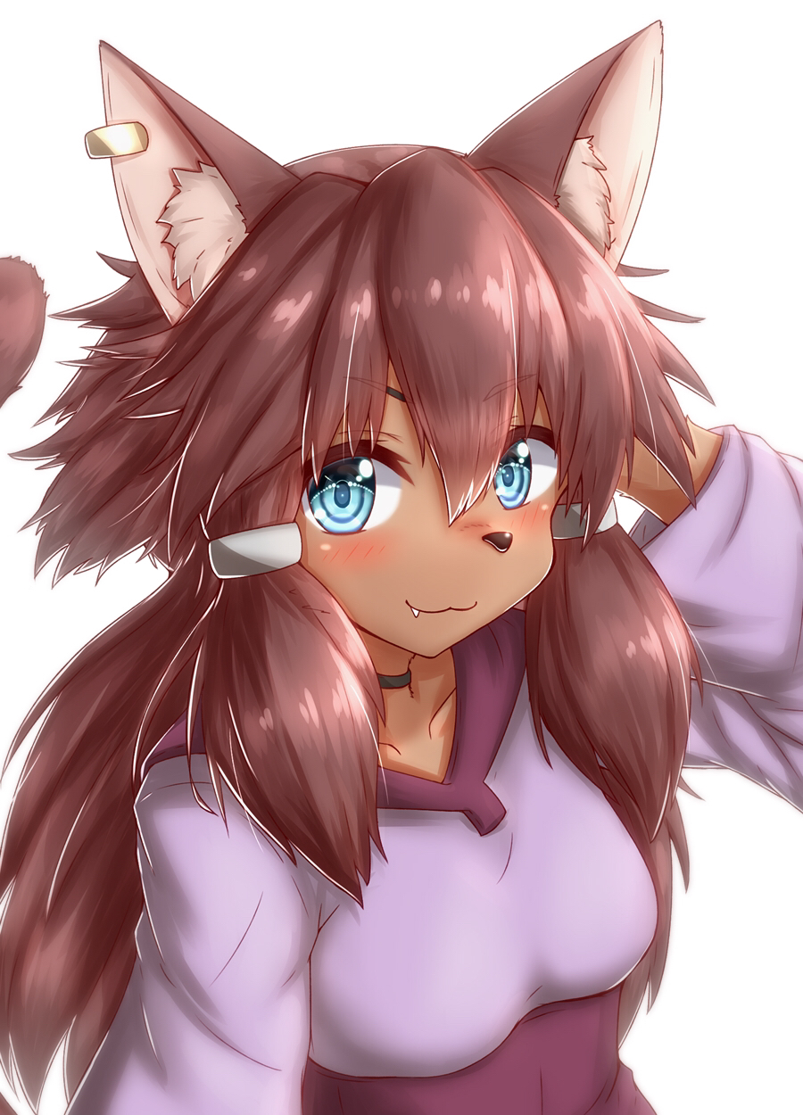 blue_eyes blush breasts brown_ears brown_fur brown_hair brown_tail cat choker clothed clothing dress ear_piercing fang female fur furry gundam gundam_build_divers_re:rise hair_ornament hand_behind_head highres horokusa_(korai) inner_ear_fluff jewelry long_hair looking_at_viewer maiya_(gundam_build_divers_re:rise) mammal piercing simple_background small_breasts solo tail_ring tuft white_background
