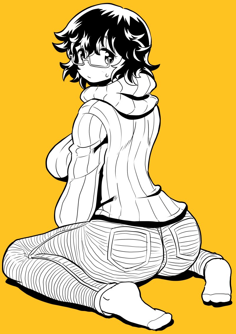 1girl alternate_hair_length alternate_hairstyle ass breasts denim flat_color freckles from_behind full_body glasses high_contrast jeans large_breasts looking_back matsuda_yuusuke messy_hair monochrome no_shoes pants semi-rimless_eyewear short_hair sitting socks solo sweatdrop sweater turtleneck turtleneck_sweater under-rim_eyewear wariza yellow_background yonezawa_natsumi yuusha_to_maou