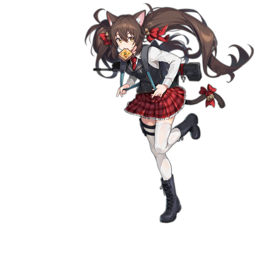 1girl alternate_costume animal_ear_fluff animal_ears assault_rifle backpack bag bangs bell blue_footwear blue_vest blush boots breasts brown_eyes brown_hair cat_ears collared_shirt double-breasted eyebrows_visible_through_hair fang food food_in_mouth full_body girls_frontline gun hair_bell hair_ornament hair_ribbon jingle_bell long_hair long_sleeves looking_at_viewer mouth_hold nagu necktie official_art petticoat qbz-97_(girls_frontline) red_neckwear red_ribbon red_skirt ribbon rifle running school_bag school_uniform shirt skin_fang skirt thigh-highs thigh_strap toast toast_in_mouth transparent_background twintails very_long_hair vest weapon white_legwear white_shirt zettai_ryouiki