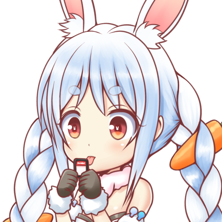 1girl animal_ear_fluff animal_ears bangs bare_shoulders black_gloves blue_hair blush bunny-shaped_pupils carrot_hair_ornament commentary_request eyebrows_visible_through_hair food_themed_hair_ornament fur-trimmed_gloves fur_collar fur_trim gloves hair_ornament holding hololive ki_(kk-sk-ray) multicolored_hair rabbit_ears red_eyes short_eyebrows simple_background solo strapless thick_eyebrows tongue tongue_out two-tone_hair upper_body usada_pekora virtual_youtuber white_background white_hair