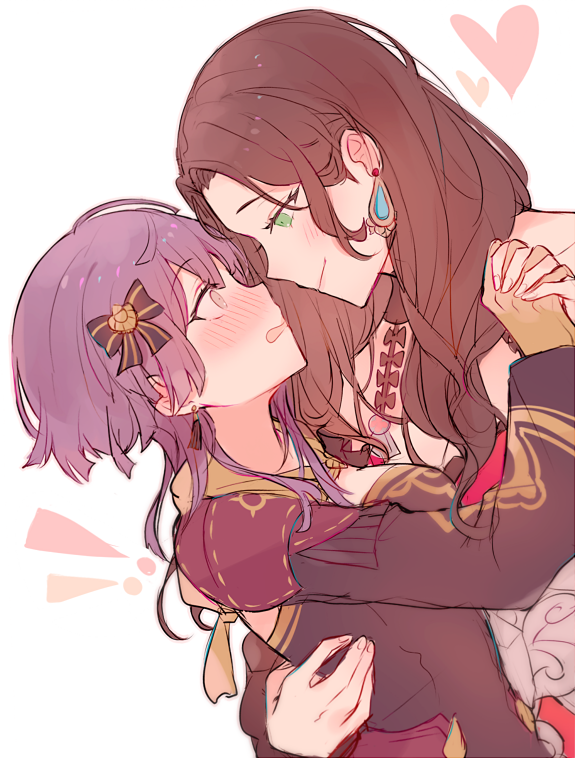 !! 2girls bernadetta_von_varley blush brown_hair closed_mouth dorothea_arnault earrings fire_emblem fire_emblem:_three_houses from_side gloves green_eyes grey_eyes hair_ornament heart holding_hands jewelry kvlen long_hair long_sleeves multiple_girls open_mouth purple_hair simple_background upper_body white_background yellow_gloves yuri