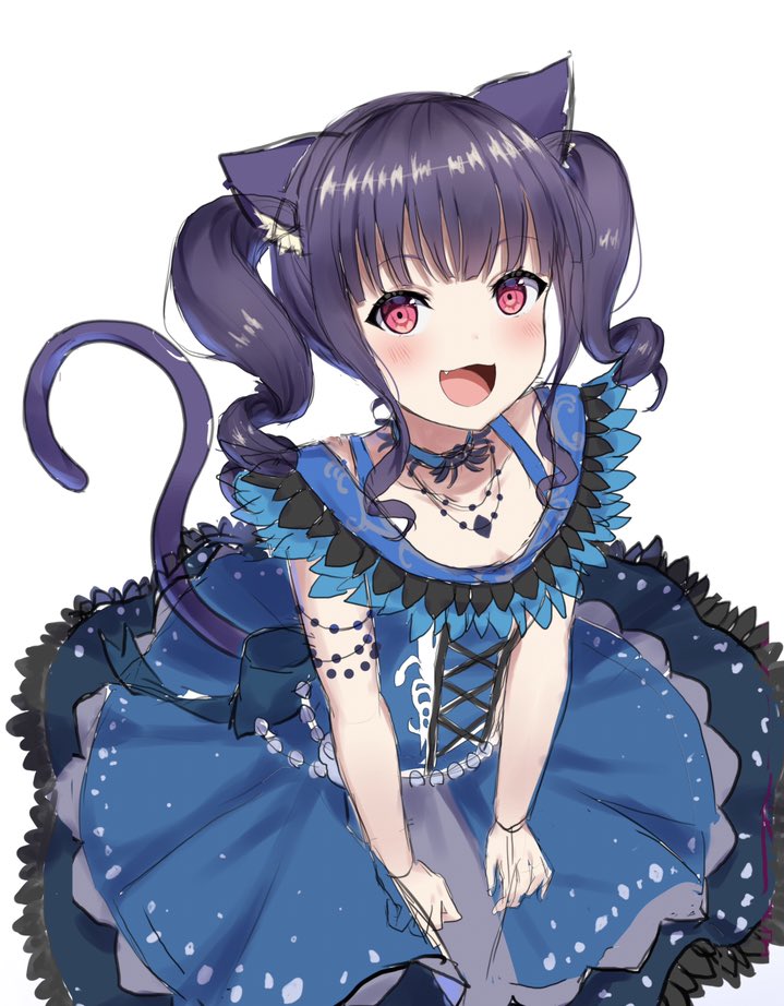 1girl animal_ears bang_dream! bangs blue_choker blue_dress blue_neckwear blue_skirt blunt_bangs blush cat_ears cat_tail choker collarbone commentary_request dress drill_hair eyebrows_visible_through_hair fang from_above gloves jewelry lace layered_dress looking_at_viewer mia_(fai1510) necklace neckwear open_mouth purple_hair red_eyes short_hair sidelocks simple_background skirt smile solo tail twintails udagawa_ako white_background white_gloves