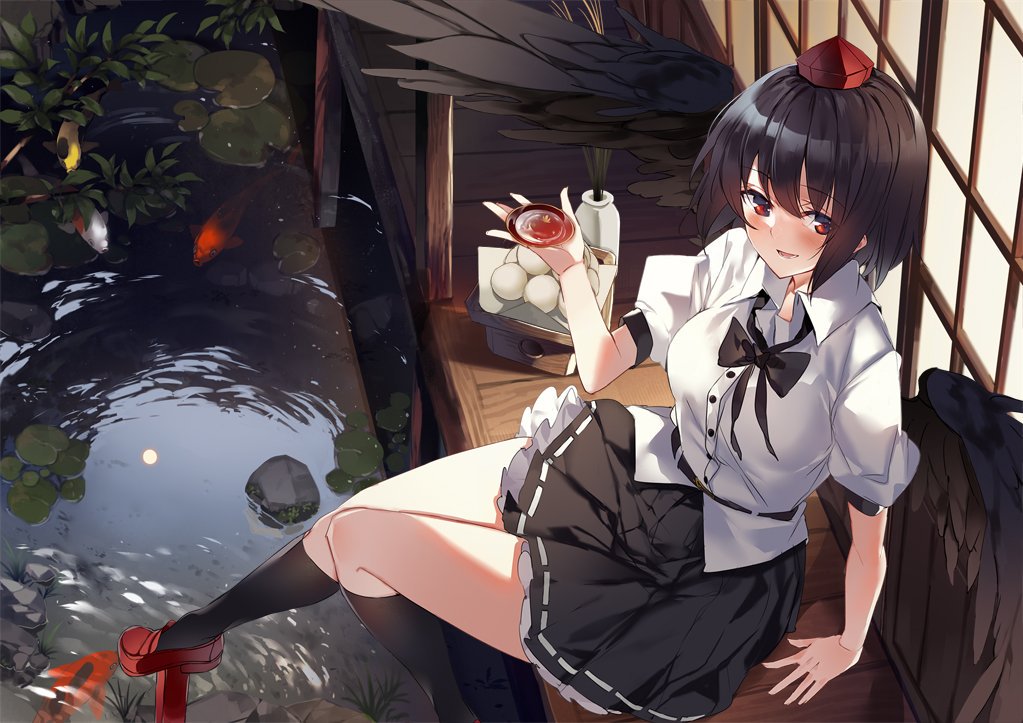 1girl :d bangs black_bow black_hair black_legwear black_neckwear black_skirt blush bow bowtie breasts commentary_request cup dango eyebrows_visible_through_hair feet_out_of_frame food geta hair_between_eyes hand_up hat holding holding_cup ken_(coffee_michikusa) kneehighs lily_pad looking_at_viewer medium_breasts miniskirt open_mouth petticoat puffy_short_sleeves puffy_sleeves red_eyes red_footwear rock shameimaru_aya shirt short_hair short_sleeves sitting skirt smile solo tengu-geta thighs tokin_hat touhou wagashi water white_shirt
