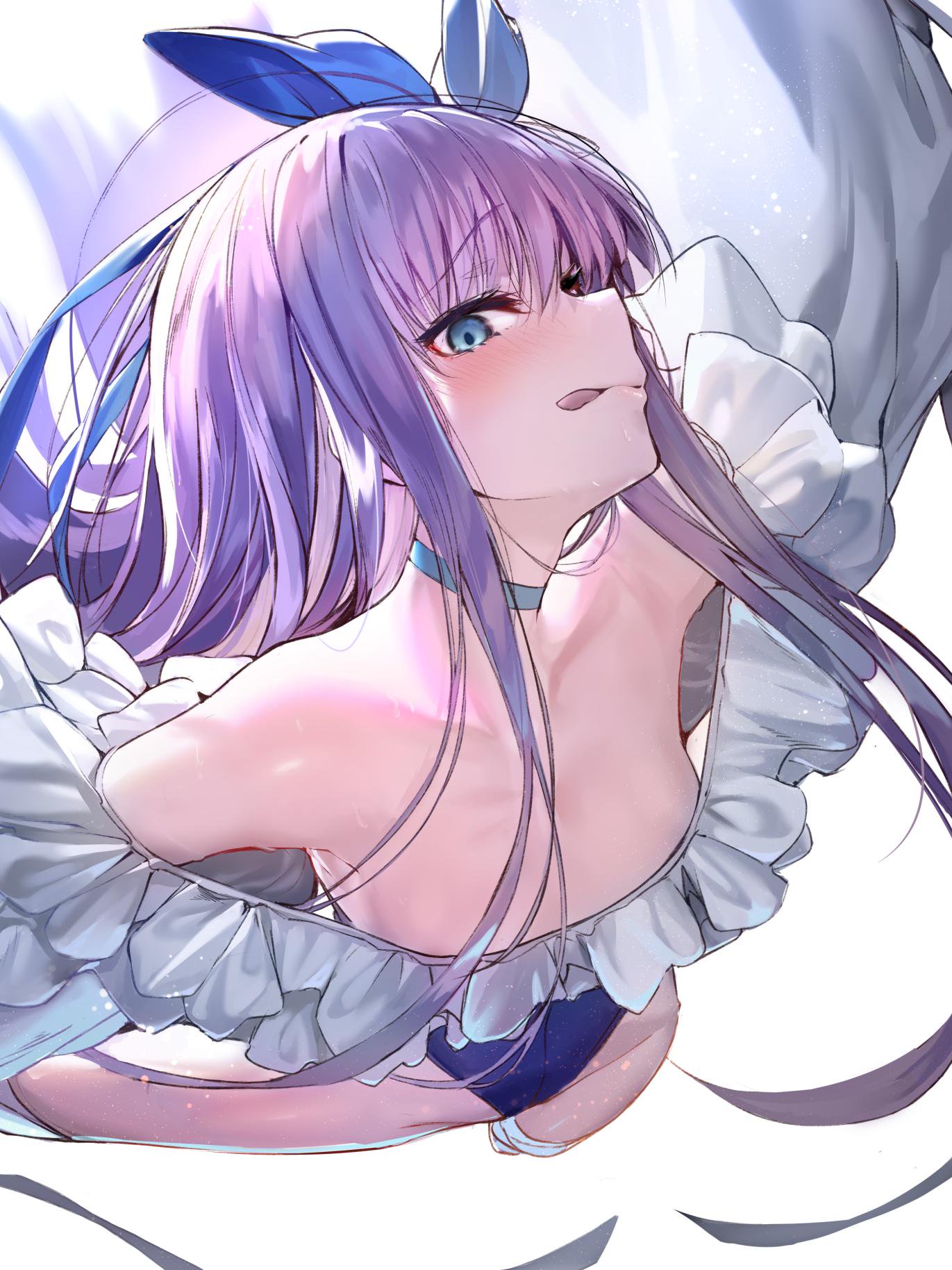 1girl akieda bangs bare_shoulders blue_eyes blue_ribbon blue_swimsuit breasts choker closed_mouth collarbone fate/grand_order fate_(series) frills hair_between_eyes highleg highleg_swimsuit highres licking_lips long_hair long_sleeves looking_at_viewer meltryllis meltryllis_(swimsuit_lancer)_(fate) one-piece_swimsuit puffy_sleeves purple_hair ribbon simple_background sleeves_past_fingers sleeves_past_wrists small_breasts solo swimsuit tongue tongue_out very_long_hair white_background