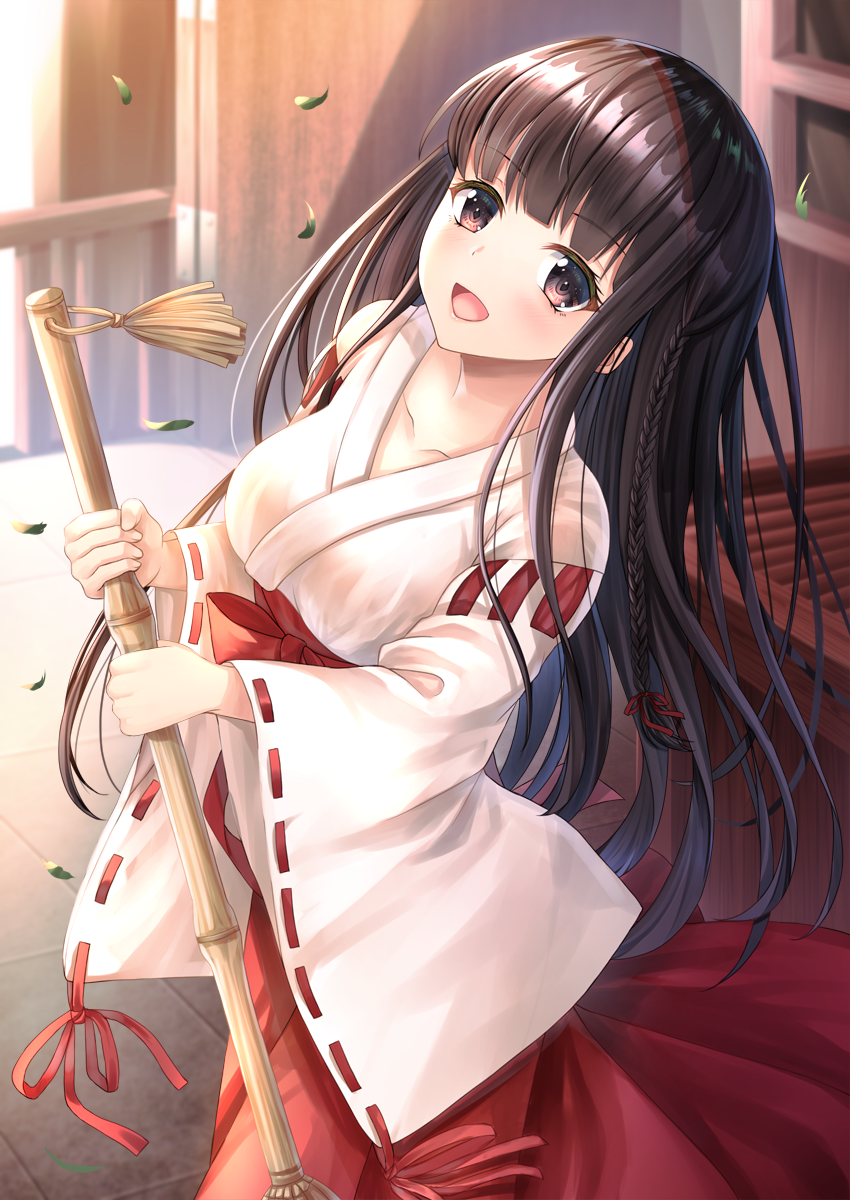 1girl :d bamboo_broom bangs black_hair bow box braid breasts broom brown_eyes collarbone commentary_request day donation_box eyebrows_visible_through_hair hair_ribbon hakama highres holding holding_broom japanese_clothes kimono leaf long_hair long_sleeves looking_at_viewer medium_breasts miko open_mouth original outdoors red_bow red_hakama red_ribbon ribbon ribbon-trimmed_sleeves ribbon_trim smile solo toshi_(1-147) very_long_hair white_kimono wide_sleeves