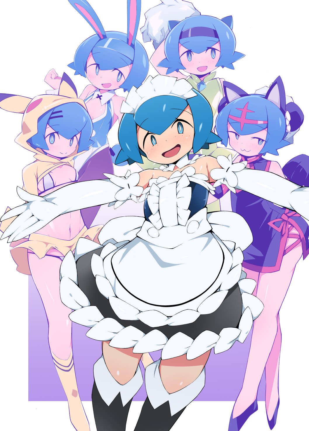 1girl :3 :d alternate_costume animal_ears bikini black_legwear blue_eyes blue_footwear blue_hair breasts cat_ears cheerleader china_dress chinese_clothes cleavage_cutout closed_mouth detached_collar dress enmaided eyebrows_visible_through_hair gloves hair_ornament hairclip highres looking_at_viewer maid maid_headdress medium_breasts navel open_mouth outstretched_arms pikachu_costume pokemon pokemon_(game) pokemon_sm pom_poms purple_dress rabbit_ears short_hair simple_background smile suiren_(pokemon) swimsuit takagirock thigh-highs white_background white_bikini white_gloves yellow_legwear