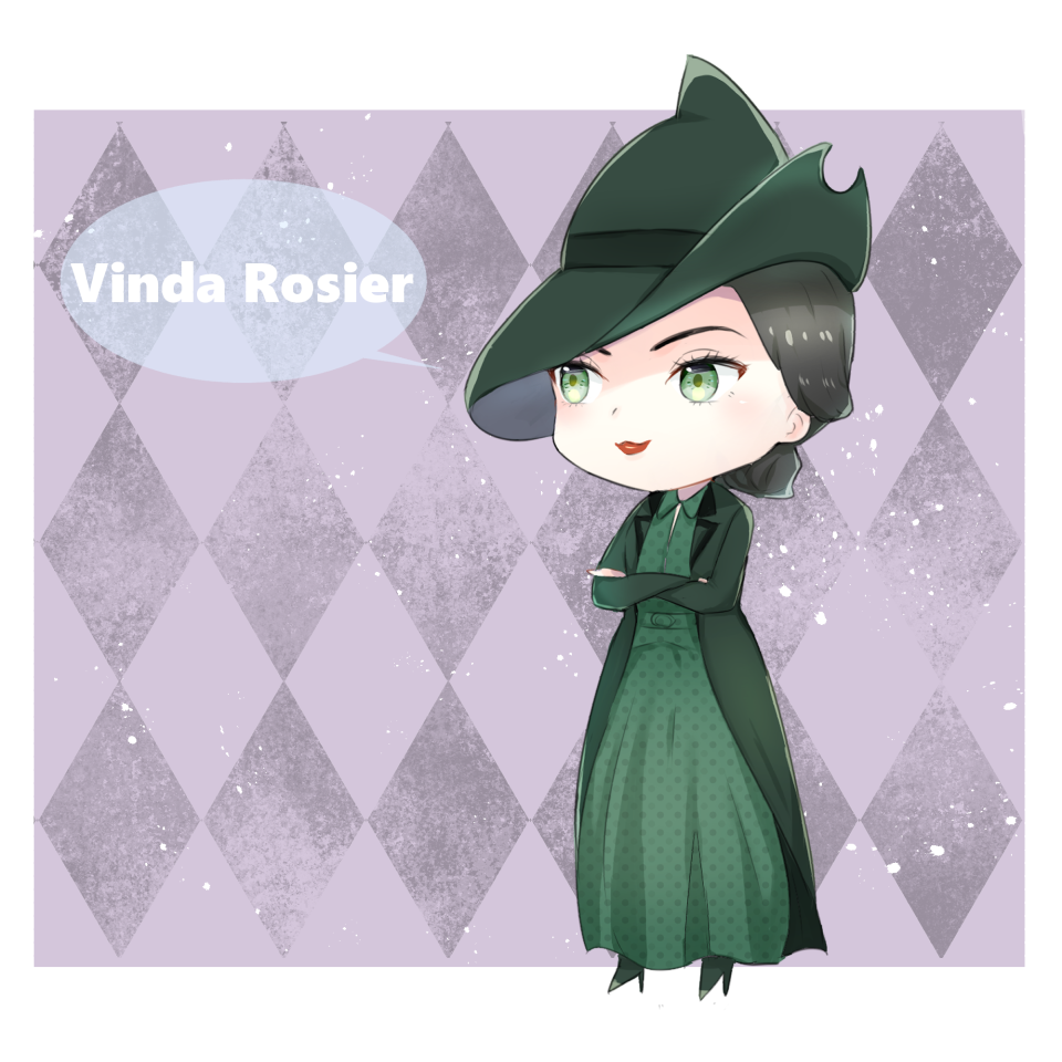 1girl black_hair character_name chibi crossed_arms dress fantastic_beasts_and_where_to_find_them green_eyes hat high_heels lipstick low_ponytail makeup teeth vinda_rosier