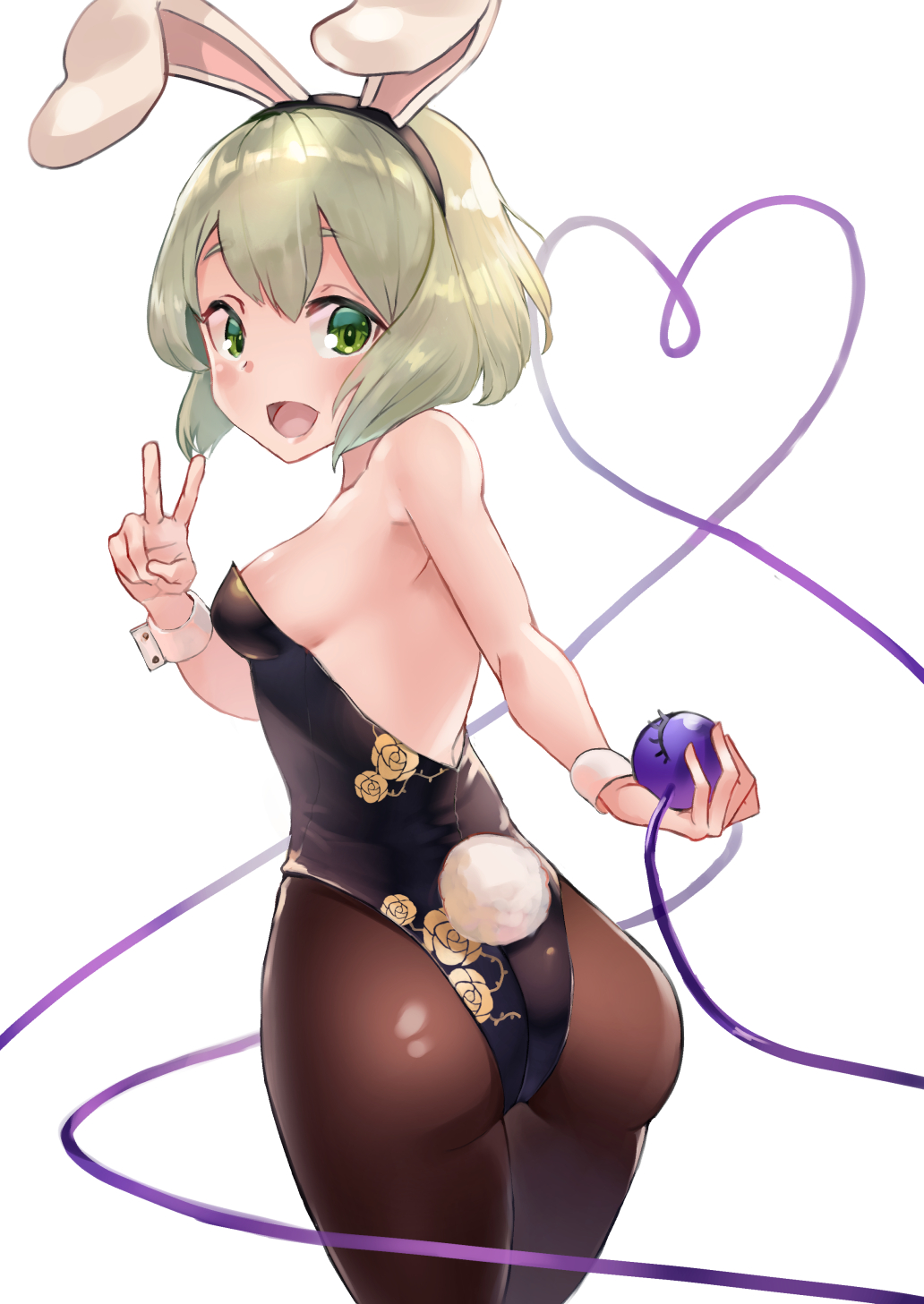 1girl :d alternate_costume amano_hagoromo animal_ears ass bangs bare_arms bare_shoulders black_hairband blush breasts brown_legwear bunny_tail bunnysuit commentary_request cowboy_shot eyebrows_visible_through_hair fake_animal_ears fake_tail from_behind green_eyes green_hair hairband hand_up heart heart_of_string highres holding komeiji_koishi leotard looking_at_viewer looking_back open_mouth pantyhose rabbit_ears short_hair simple_background small_breasts smile solo standing strapless strapless_leotard tail thighs third_eye touhou twisted_torso v white_background wrist_cuffs