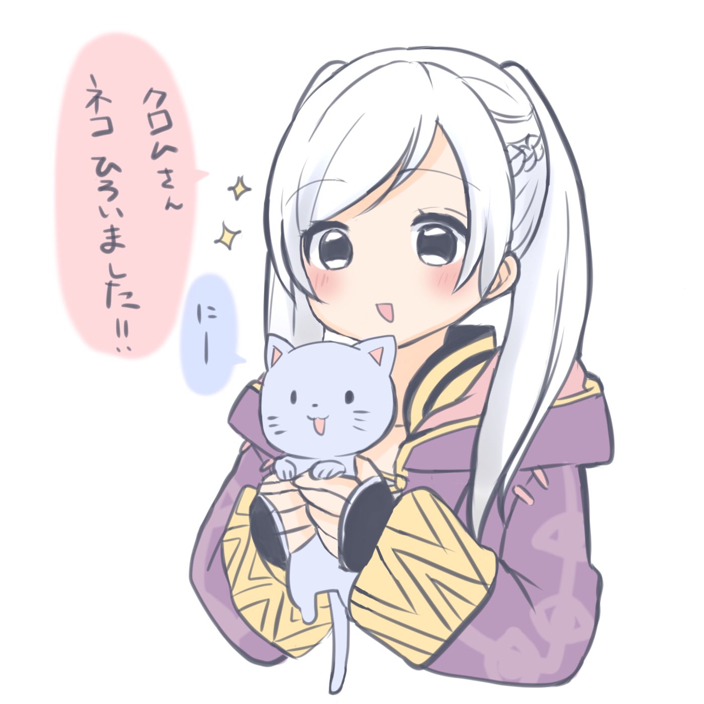 1girl animal cat cute female_focus female_my_unit_(fire_emblem:_kakusei) fire_emblem fire_emblem:_kakusei fire_emblem_13 fire_emblem_awakening highres holding holding_cat hood hood_down human intelligent_systems long_sleeves mammal moe my_unit_(fire_emblem:_kakusei) nintendo open_mouth puni_y_y reflet reflet_(girl) robin_(fire_emblem) robin_(fire_emblem)_(female) simple_background solo twintails upper_body white_background white_hair