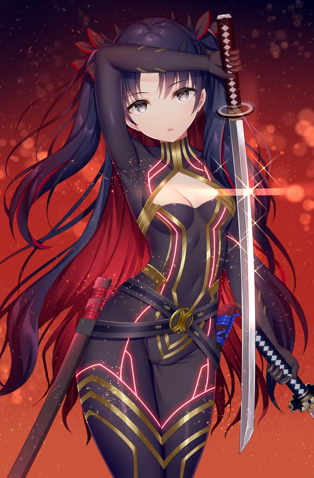 1girl aozora_nan arm_up bangs black_bodysuit black_hair bodysuit breasts commentary_request covered_navel eyebrows_visible_through_hair fate/grand_order fate_(series) glint grey_eyes groin hair_ornament highres holding holding_sword holding_weapon horns ishtar_(fate/grand_order) katana looking_at_viewer multicolored_hair parted_bangs redhead sheath small_breasts solo space_ishtar_(fate) sword two-tone_hair two_side_up unsheathed weapon