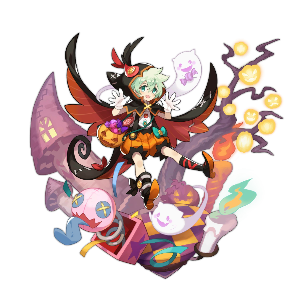 1boy asymmetrical_clothes asymmetrical_legwear buttons candle checkered checkered_floor cloak dragalia_lost fang full_body ghost ghost_tail gloves green_eyes green_hair halloween halloween_costume hood hooded_cloak jack-o'-lantern jack_in_the_box_(toy) looking_at_viewer lowen_(dragalia_lost) non-web_source official_art open_hands open_mouth puffy_shorts pumpkin ribbon saitou_naoki shorts smile solo transparent_background tree window