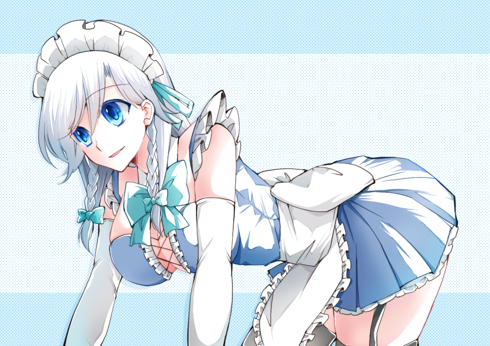 1girl apron aqua_bow aqua_neckwear aqua_ribbon bangs bare_shoulders black_legwear blue_background blue_dress blue_eyes bow bowtie braid breasts center_frills commentary_request cross-laced_clothes dress elbow_gloves eyebrows_visible_through_hair frilled_apron frills garter_straps gloves hair_between_eyes hair_bow hair_ribbon izayoi_sakuya large_breasts maid maid_apron maid_headdress parted_lips petticoat pleated_dress ribbon shibi1902 short_dress short_hair silver_hair smile solo thigh-highs thighs touhou twin_braids waist_apron white_apron white_gloves