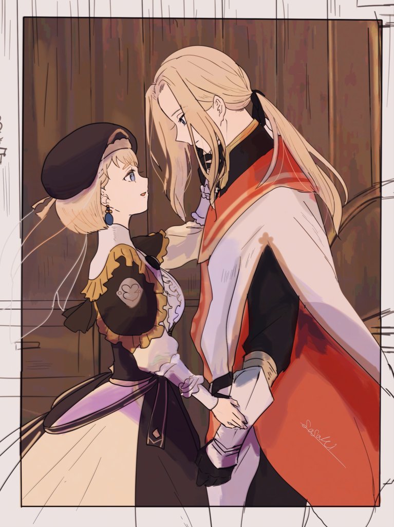 1boy 1girl artist_name blonde_hair border brother_and_sister dress earrings eye_contact eyebrows_visible_through_hair fire_emblem fire_emblem:_three_houses frilled_dress frills gloves hat jeritza_von_hrym jewelry looking_at_another mercedes_von_martritz ponytail sasaki_(dkenpisss) siblings smile veil