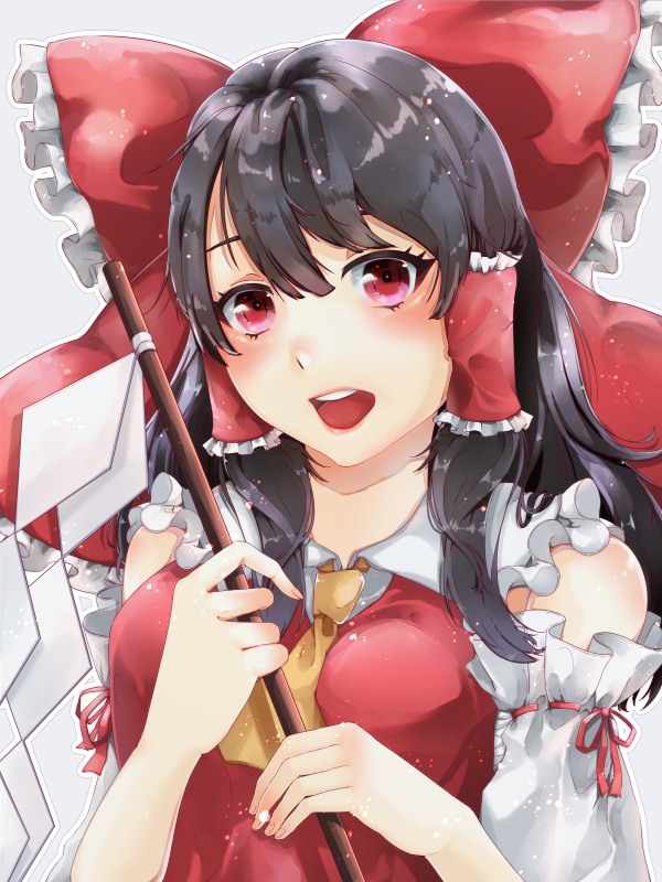 1girl arms_up bare_shoulders between_breasts black_hair bow breasts commentary_request cravat detached_sleeves gohei grey_background hair_bow hair_tubes hakurei_reimu long_hair looking_at_viewer nao-san_(user_mmfr2354) open_mouth red_eyes red_vest sidelocks solo touhou upper_body upper_teeth vest yellow_neckwear