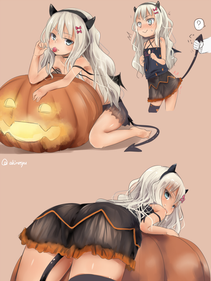 1girl ? admiral_(kantai_collection) akino_shuu barefoot black_hairband black_legwear blonde_hair blue_eyes blush bow brown_background candy collarbone commentary_request demon_horns demon_tail demon_wings fake_horns food gloves grecale_(kantai_collection) hair_between_eyes hair_bow hairband halloween halloween_costume holding holding_food holding_lollipop horns jack-o'-lantern kantai_collection lollipop long_hair long_sleeves multiple_views pink_bow simple_background single_thighhigh solo_focus spoken_question_mark tail thigh-highs twitter_username wavy_mouth white_gloves wings