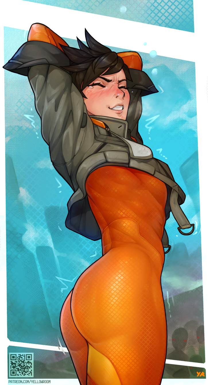 1girl arms_up ass black_hair bodysuit bomber_jacket breasts closed_eyes cropped_jacket eyebrows grey_jacket highres jacket lips no_bra orange_bodysuit overwatch overwatch_2 short_hair skin_tight sleeves_pushed_up small_breasts solo spiky_hair stretch tears tracer_(overwatch) waking_up yellowroom