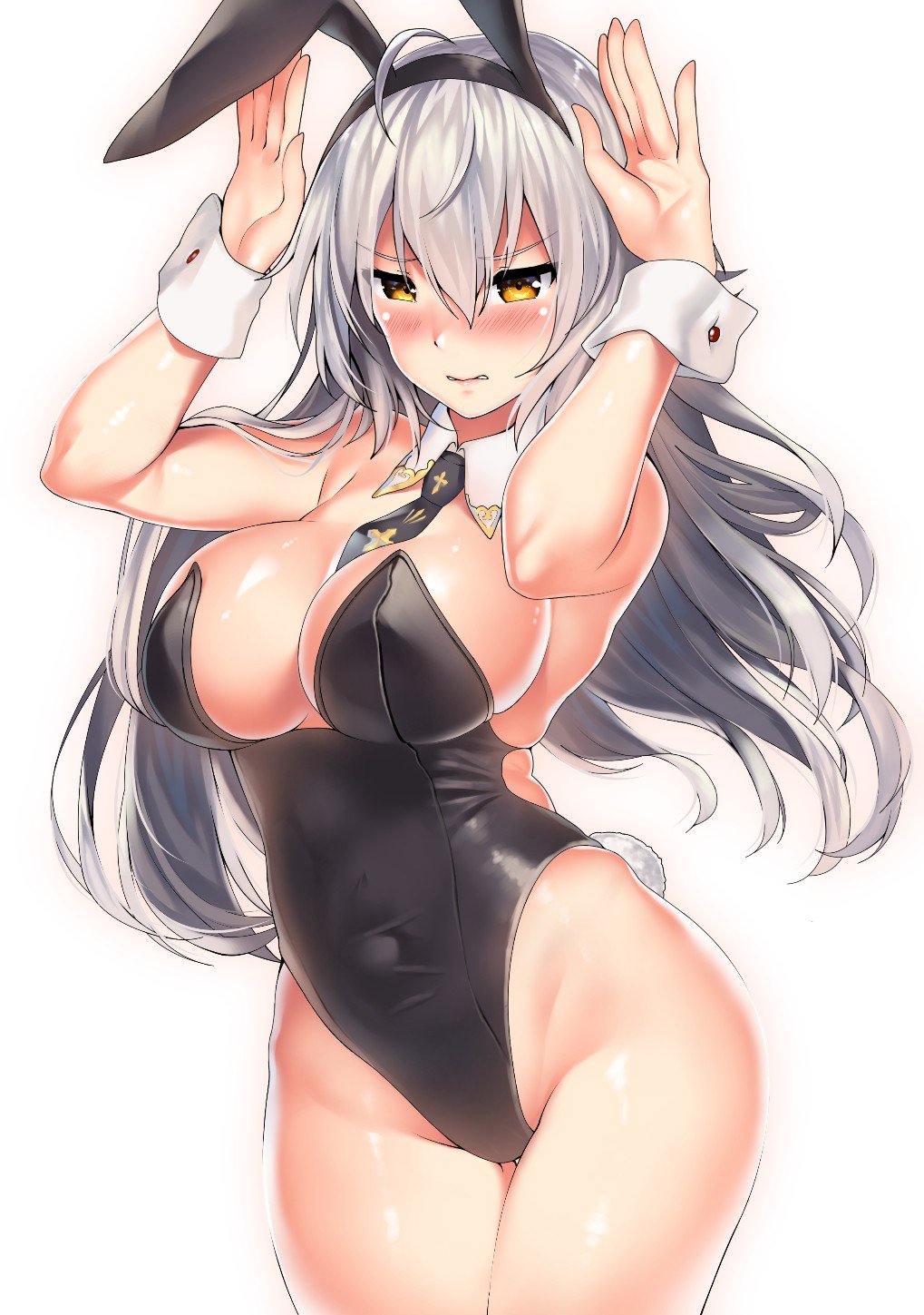 1girl animal_ear_headwear animal_ears black_bunny_ears black_ears black_headwear black_leotard black_necktie black_tie breasts bunny_pose bunny_tail bunnysuit covered_navel detached_collar detached_cuffs embarrassed fate/apocrypha fate/grand_order fate_(series) floppy_ears headwear highleg highleg_leotard highres inner_sideboob jeanne_d'arc_(alter)_(fate) jeanne_d'arc_(fate)_(all) kawai large_breasts leotard long_hair mound_of_venus necktie necktie_between_breasts no_bra no_panties no_underwear pantyhose rabbit_ears silver_eyebrows silver_hair simple_background solo strapless strapless_leotard tail thighs thighs_together white_background white_bunny_tail wrist_cuffs yellow_eyes