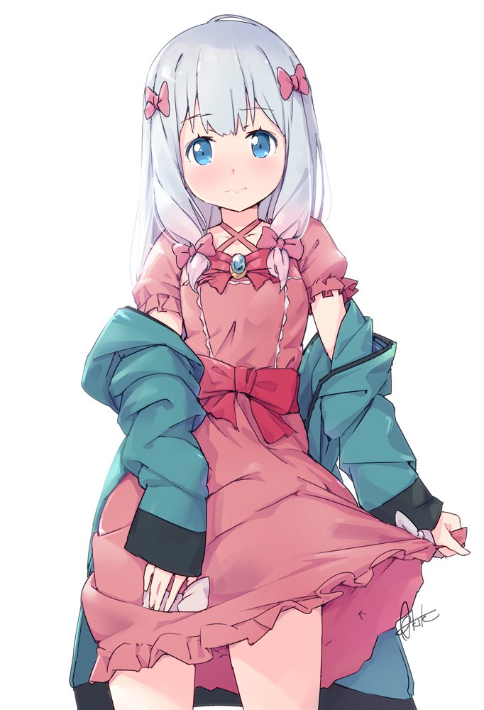 1girl azumi_akitake blue_eyes blue_hair bow commentary_request cowboy_shot dress eromanga_sensei frilled_dress frills green_jacket hair_bow izumi_sagiri jacket long_hair looking_at_viewer low-tied_long_hair open_clothes open_jacket pink_bow pink_dress silver_hair simple_background skirt_hold solo standing white_background