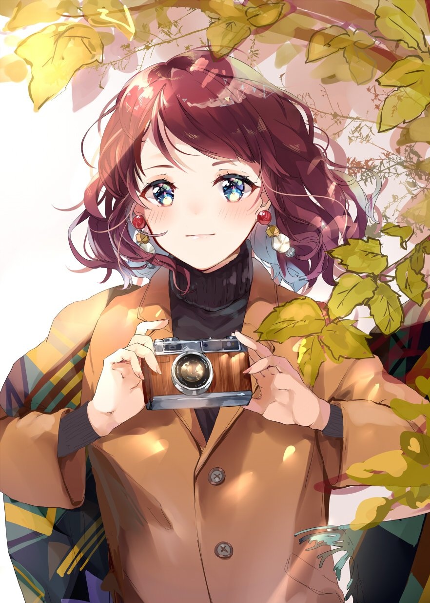 1girl bangs black_sweater blue_eyes blush brown_hair brown_jacket camera closed_mouth commentary_request earrings fringe_trim highres holding holding_camera jacket jewelry leaf long_hair long_sleeves looking_at_viewer original puracotte smile solo sweater tree_branch turtleneck turtleneck_sweater upper_body