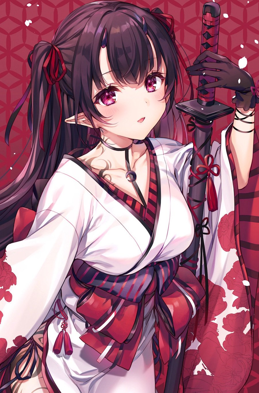 1girl black_gloves black_hair breasts collarbone commentary_request cowboy_shot crescent eyebrows_visible_through_hair flower_knot gloves hair_ribbon highres japanese_clothes katana kimono komeshiro_kasu long_hair long_sleeves looking_at_viewer medium_breasts melonbooks obi oni_horns original parted_lips pointy_ears red_ribbon ribbon sash sheath sheathed smile solo striped sword tassel tattoo two_side_up very_long_hair violet_eyes weapon white_kimono wide_sleeves