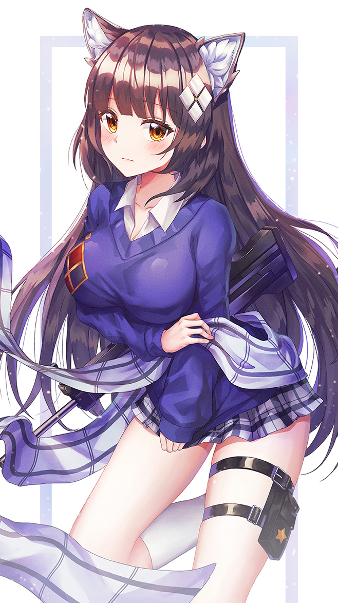 1girl animal_ear_fluff animal_ears belt_pouch black_hair blue_jacket blush breast_hold breasts cat_ears closed_mouth collared_shirt extra_ears girls_frontline hair_ornament jacket kneehighs large_breasts leg_belt long_hair long_sleeves looking_at_viewer minari_i miniskirt orange_eyes plaid plaid_skirt pouch qbz-95_(girls_frontline) scarf shirt sidelocks skirt solo thighs undershirt very_long_hair white_legwear white_shirt white_skirt