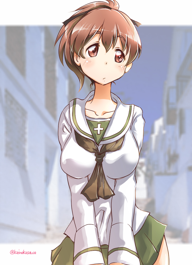 1girl bangs black_neckwear black_ribbon blouse blurry blurry_background blush breasts brown_eyes brown_hair closed_mouth commentary day eyebrows_visible_through_hair frown girls_und_panzer green_skirt hair_ribbon holding koyama_yuzu large_breasts long_sleeves looking_to_the_side miniskirt nakasawa_kei neckerchief ooarai_school_uniform outdoors outside_border pleated_skirt ribbon school_uniform serafuku short_hair short_ponytail skirt solo standing twitter_username v_arms white_blouse