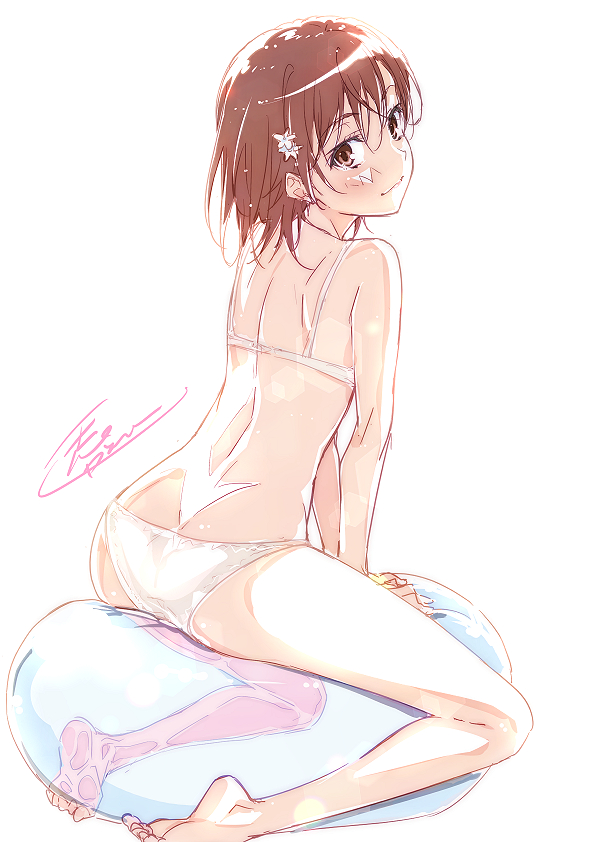 1girl ball bangs bare_arms bare_back bare_legs bare_shoulders blush bra bra_strap brown_eyes brown_hair closed_mouth commentary_request exercise_ball eyebrows_visible_through_hair feet flower from_behind full_body hair_between_eyes hair_flower hair_ornament looking_at_viewer looking_back misaka_mikoto open_clothes panties puma_(hyuma1219) revealing_clothes see-through shiny shiny_hair short_hair shoulder_blades signature simple_background sitting sitting_on_object solo thighs to_aru_kagaku_no_railgun to_aru_majutsu_no_index toes underwear white_background white_flower white_panties