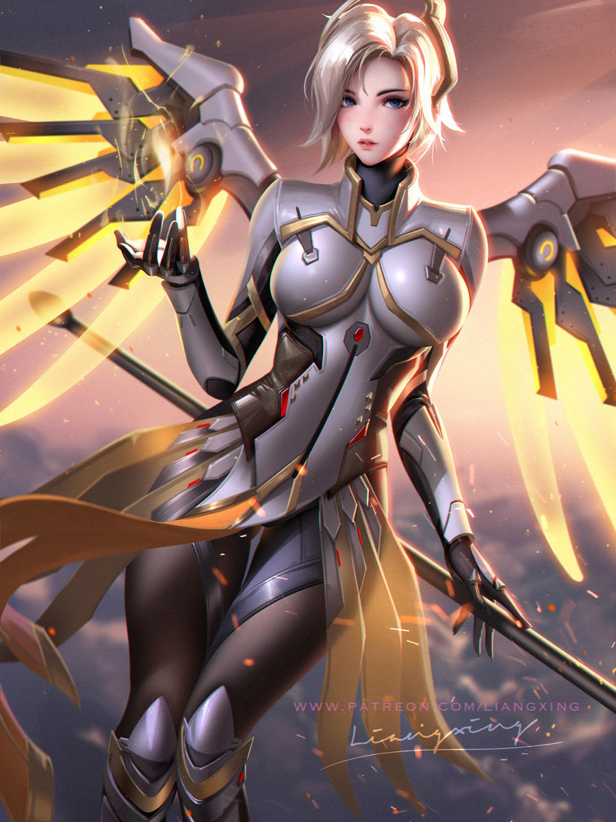 1girl blonde_hair blue_eyes blurry blurry_background blurry_foreground blush bodysuit breasts dutch_angle english_commentary gloves highres large_breasts liang_xing lips looking_at_viewer mechanical_wings mercy_(overwatch) overwatch_2 pelvic_curtain short_hair signature solo spread_wings staff watermark web_address wings yellow_wings