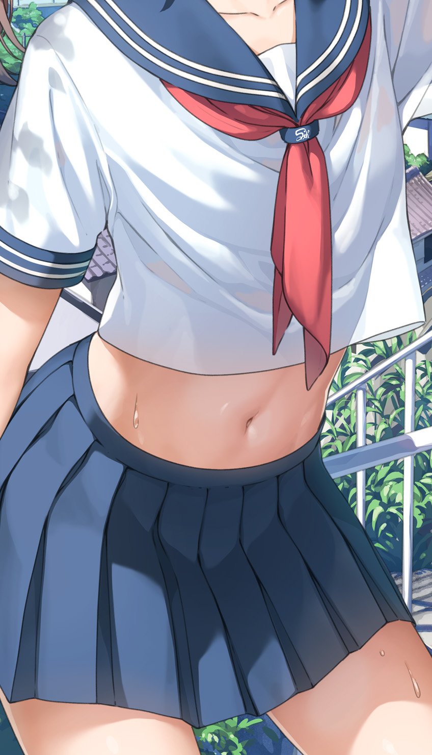 1girl arm_up breasts cowboy_shot crop_top head_out_of_frame highres kantoku midriff navel original outdoors pleated_skirt school_uniform see-through_silhouette serafuku sitting sitting_on_railing skirt small_breasts solo