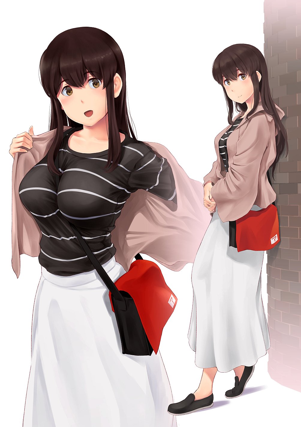 1girl :d against_wall akagi_(kantai_collection) alternate_costume bag blush breasts brown_eyes brown_hair closed_mouth full_body hair_between_eyes highres jacket kantai_collection large_breasts long_hair long_skirt looking_at_viewer multiple_views open_mouth pink_jacket shirt shoes skirt smile straight_hair striped striped_shirt undressing wa_(genryusui) white_skirt