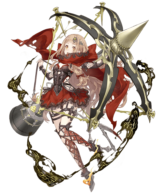 1girl :d blonde_hair bow_(weapon) bustier cloak crossbow dress full_body hair_ornament huge_weapon ji_no little_red_riding_hood_(sinoalice) long_hair looking_at_viewer official_art open_mouth orange_eyes red_dress sinoalice smile smoke solo thigh_strap torn_cloak torn_clothes transparent_background upper_teeth weapon