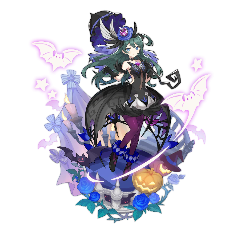 1girl animal_print bat blue_eyes candle clothing_request dark_green_hair dragalia_lost dress green_hair halloween halloween_costume hat jack-o'-lantern long_hair looking_at_viewer navel non-web_source odetta_(dragalia_lost) official_art saitou_naoki see-through smile solo spider_print spider_web_print stairs transparent_background witch_hat