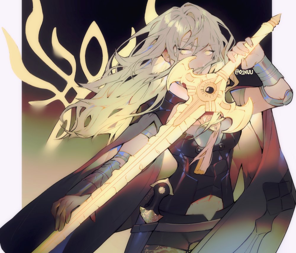 01nu 1girl armor black_shorts byleth_(fire_emblem) byleth_eisner_(female) cape dagger fire_emblem fire_emblem:_three_houses glowing glowing_eyes green_hair holding holding_sword holding_weapon medium_hair parted_lips sheath sheathed short_shorts shorts solo sword twitter_username upper_body weapon